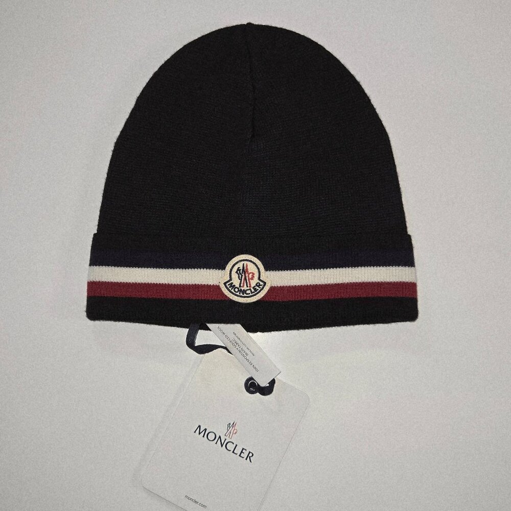 Moncler Tricolour Stripe Logo Wool Beanie